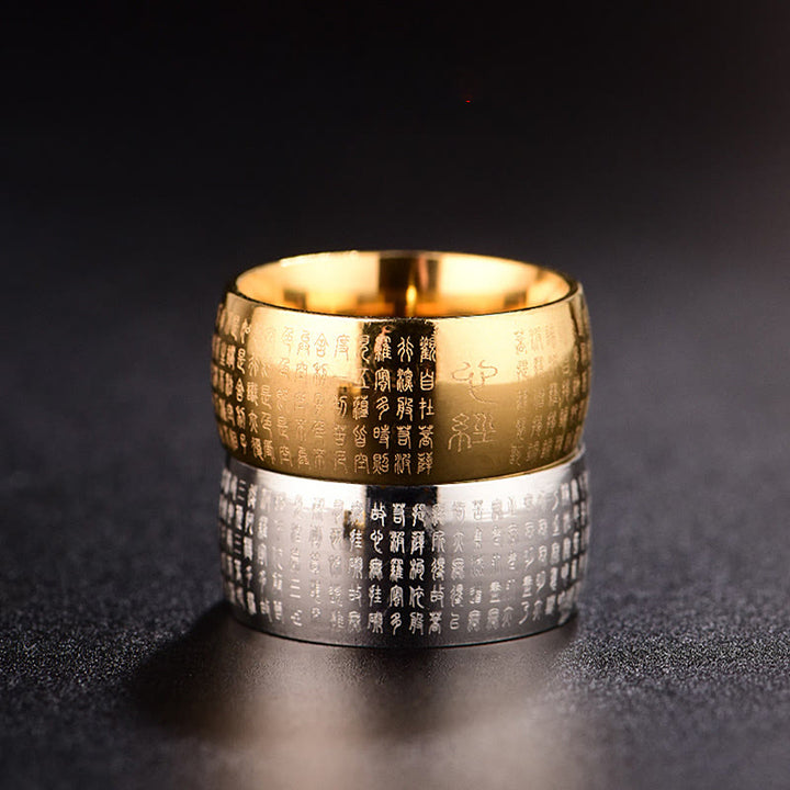 Anillo de equilibrio de acero y titanio con sello tibetano y sutra del corazón con Buddha Stones