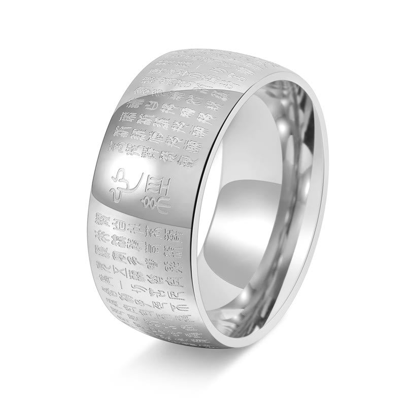 Anillo de equilibrio de acero y titanio con sello tibetano y sutra del corazón con Buddha Stones