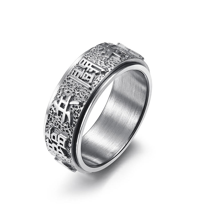 Anillo de equilibrio giratorio de acero y titanio con diseño de Yin Yang y mantra Buddha Stones de nueve palabras