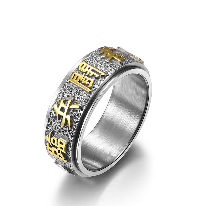 Anillo de equilibrio giratorio de acero y titanio con diseño de Yin Yang y mantra Buddha Stones de nueve palabras