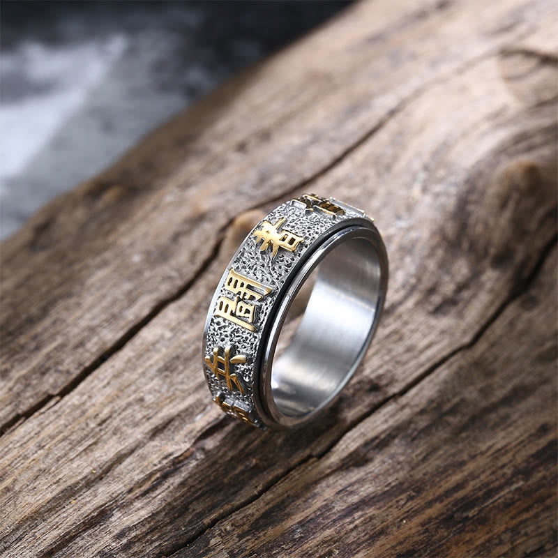Anillo de equilibrio giratorio de acero y titanio con diseño de Yin Yang y mantra Buddha Stones de nueve palabras