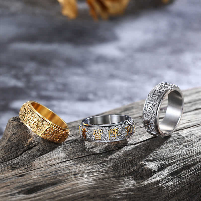 Anillo de equilibrio giratorio de acero y titanio con diseño de Yin Yang y mantra Buddha Stones de nueve palabras