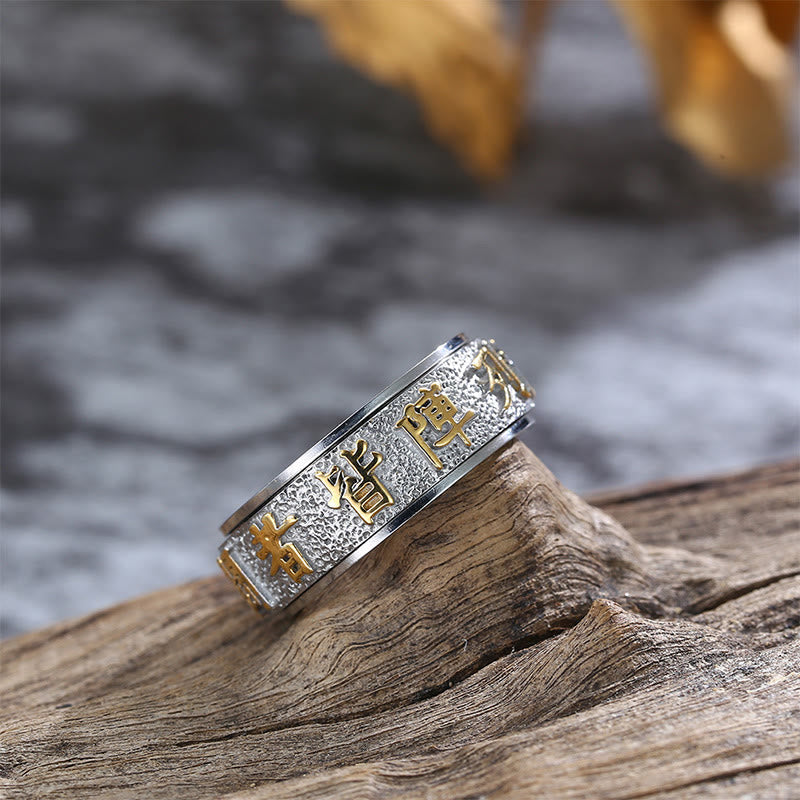 Anillo de equilibrio giratorio de acero y titanio con diseño de Yin Yang y mantra Buddha Stones de nueve palabras
