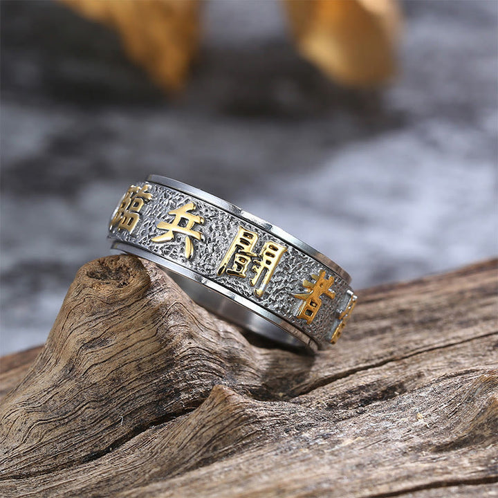 Anillo de equilibrio giratorio de acero y titanio con diseño de Yin Yang y mantra Buddha Stones de nueve palabras