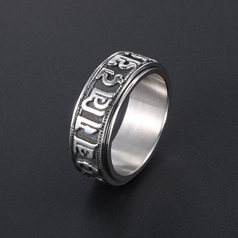 Anillo de equilibrio giratorio de acero y titanio con Buddha Stones tibetano Om Mani Padme Hum