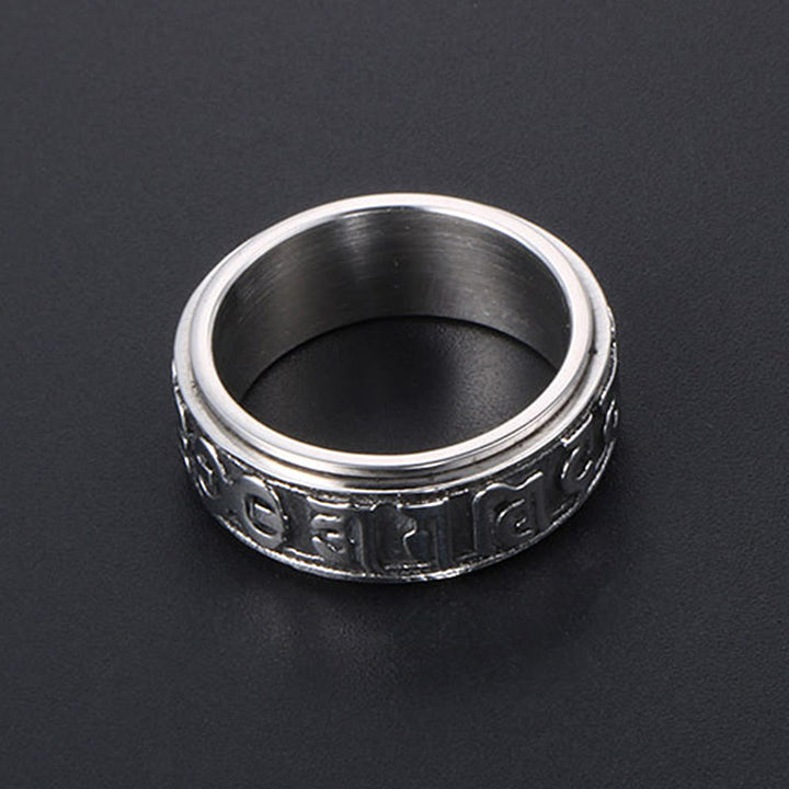 Anillo de equilibrio giratorio de acero y titanio con Buddha Stones tibetano Om Mani Padme Hum