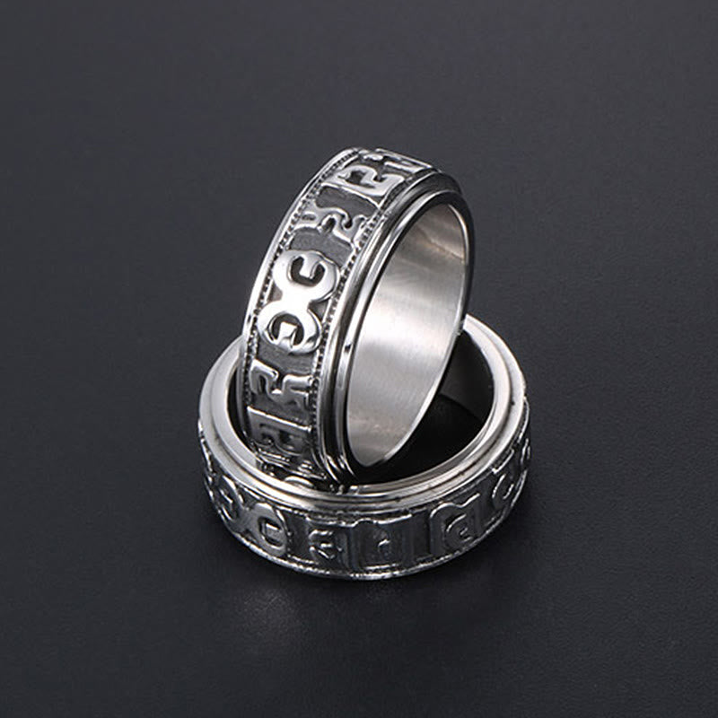 Anillo de equilibrio giratorio de acero y titanio con Buddha Stones tibetano Om Mani Padme Hum