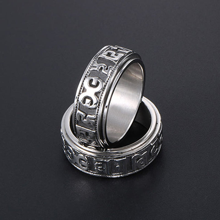 Anillo de equilibrio giratorio de acero y titanio con Buddha Stones tibetano Om Mani Padme Hum