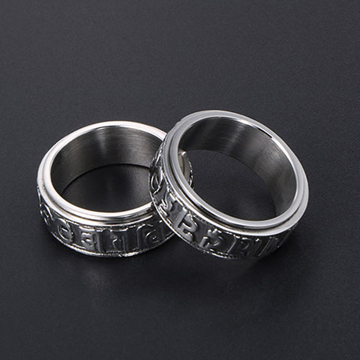 Anillo de equilibrio giratorio de acero y titanio con Buddha Stones tibetano Om Mani Padme Hum