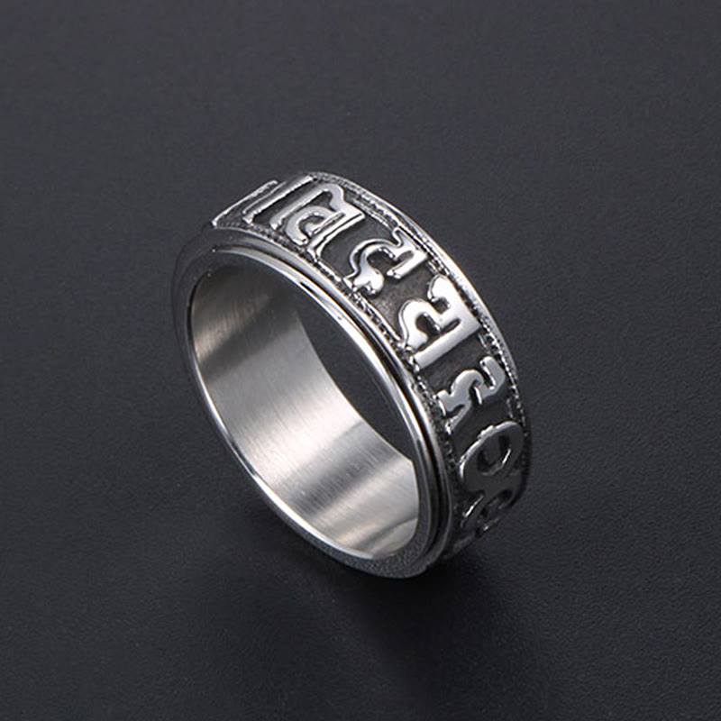 Anillo de equilibrio giratorio de acero y titanio con Buddha Stones tibetano Om Mani Padme Hum