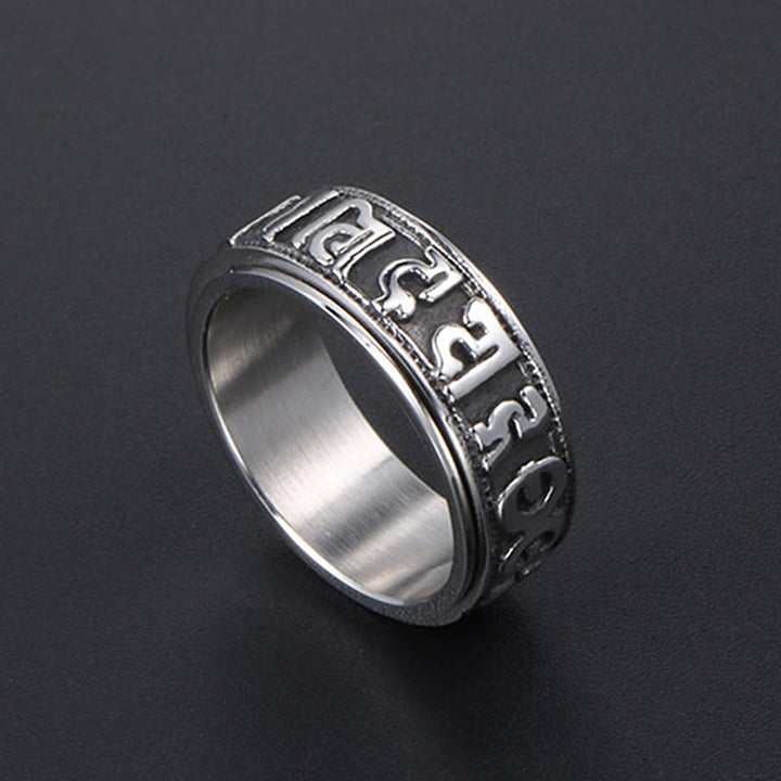 Anillo de equilibrio giratorio de acero y titanio con Buddha Stones tibetano Om Mani Padme Hum