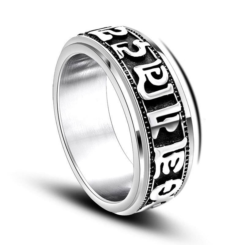 Anillo de equilibrio giratorio de acero y titanio con Buddha Stones tibetano Om Mani Padme Hum