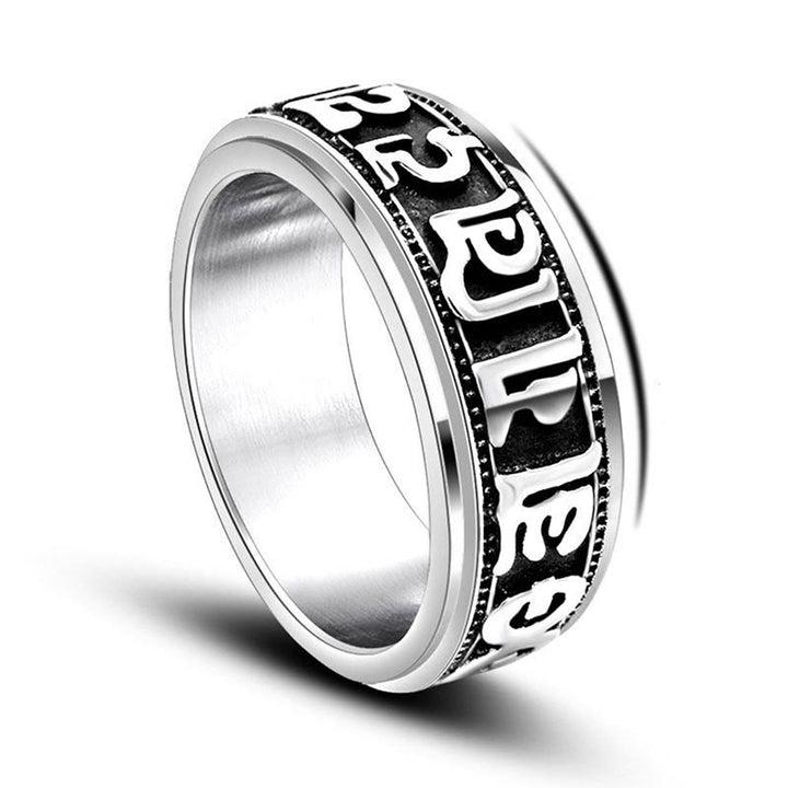 Anillo de equilibrio giratorio de acero y titanio con Buddha Stones tibetano Om Mani Padme Hum