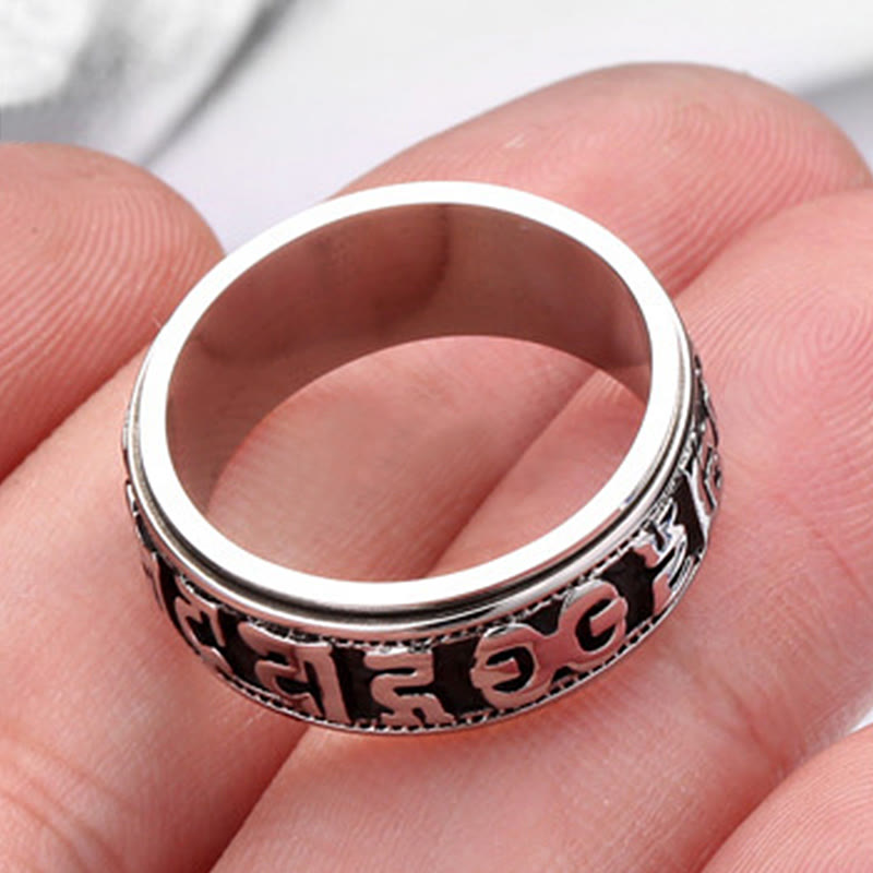 Anillo de equilibrio giratorio de acero y titanio con Buddha Stones tibetano Om Mani Padme Hum