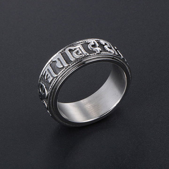 Anillo de equilibrio giratorio de acero y titanio con Buddha Stones tibetano Om Mani Padme Hum
