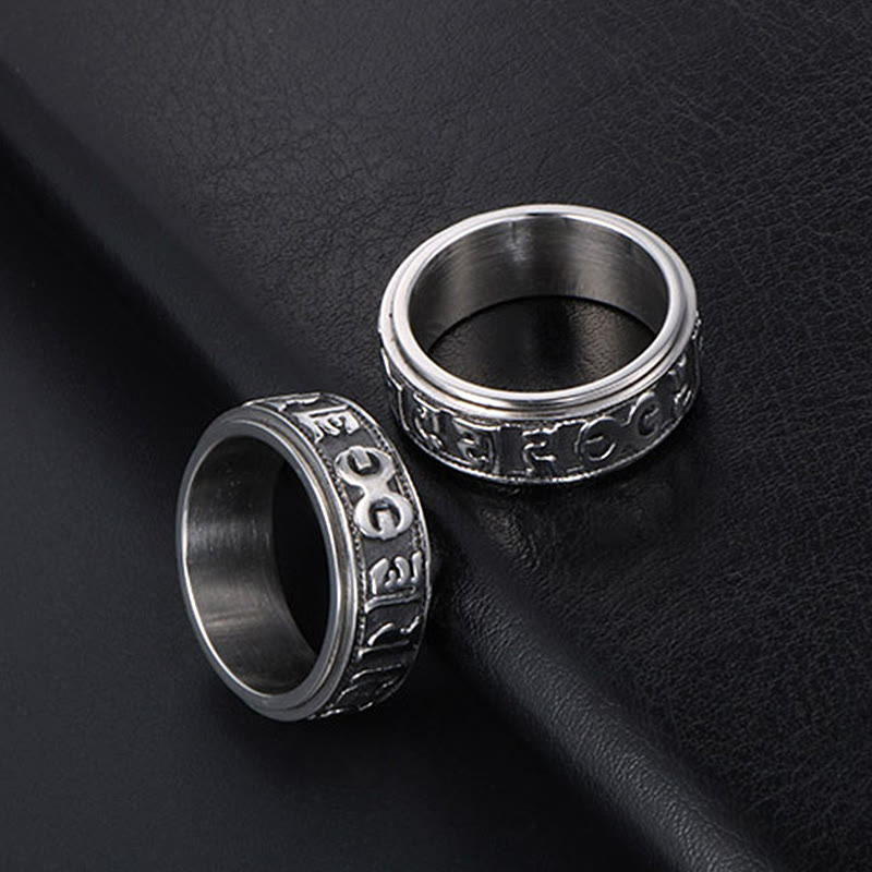 Anillo de equilibrio giratorio de acero y titanio con Buddha Stones tibetano Om Mani Padme Hum