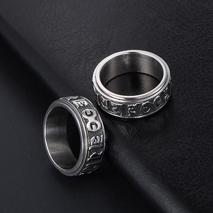Anillo de equilibrio giratorio de acero y titanio con Buddha Stones tibetano Om Mani Padme Hum