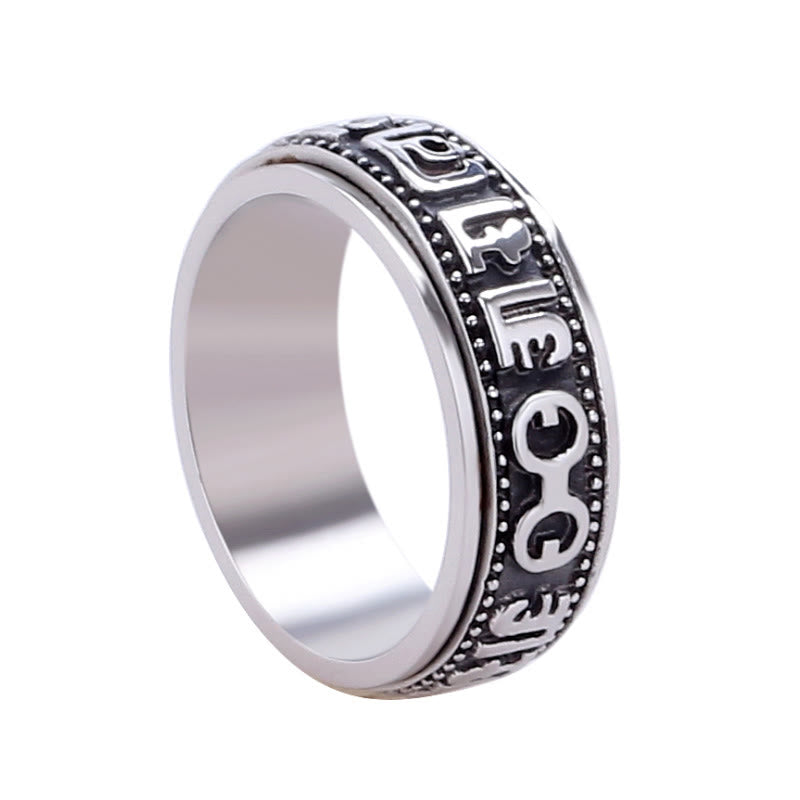 Anillo de equilibrio giratorio de acero y titanio con Buddha Stones tibetano Om Mani Padme Hum