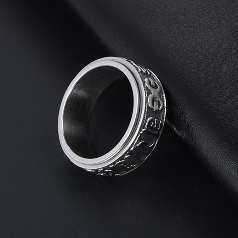 Anillo de equilibrio giratorio de acero y titanio con Buddha Stones tibetano Om Mani Padme Hum