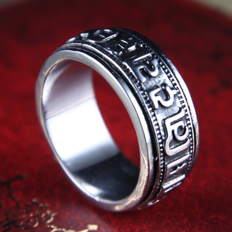 Anillo de equilibrio giratorio de acero y titanio con Buddha Stones tibetano Om Mani Padme Hum