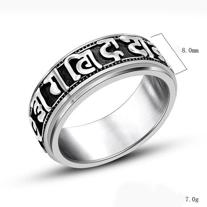 Anillo de equilibrio giratorio de acero y titanio con Buddha Stones tibetano Om Mani Padme Hum