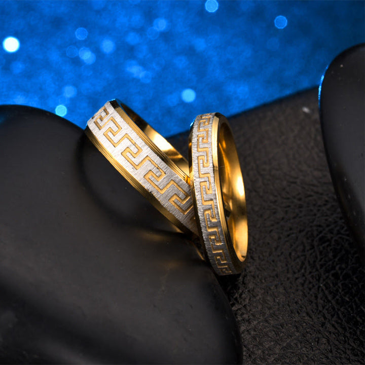 Anillo de equilibrio de acero y titanio con diseño de la Gran Muralla Tibetana y Buddha Stones