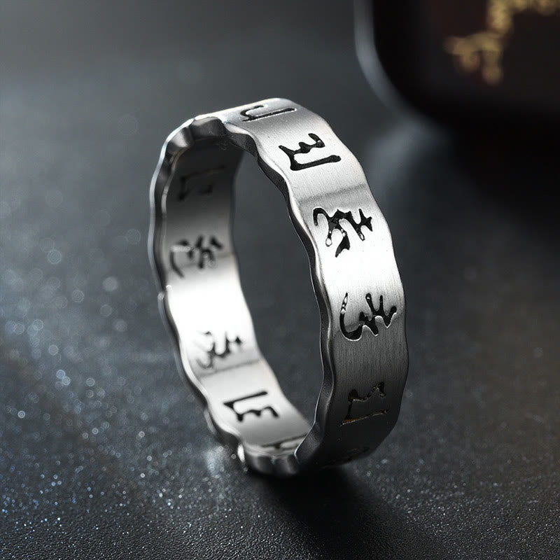 Anillo de equilibrio de acero y titanio con Om Mani Padme Hum hueco tibetano con Buddha Stones