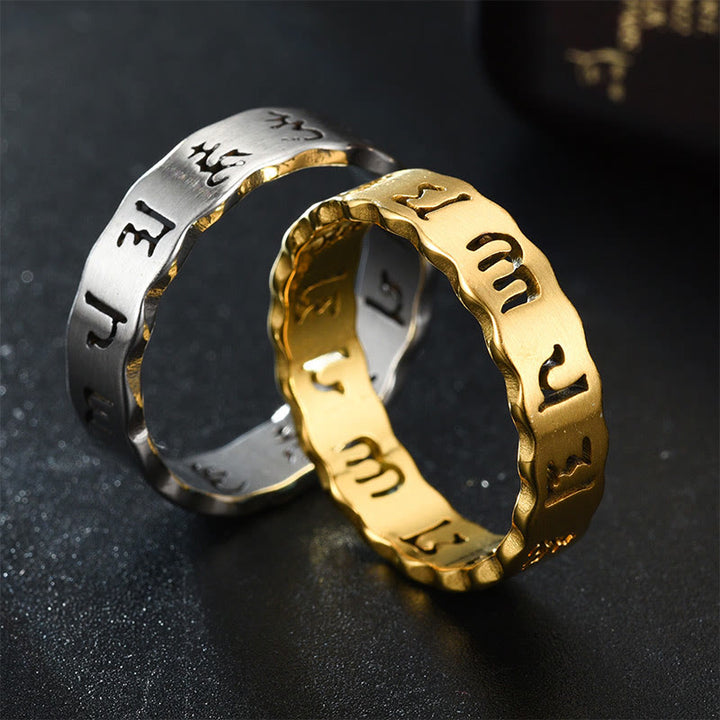 Anillo de equilibrio de acero y titanio con Om Mani Padme Hum hueco tibetano con Buddha Stones