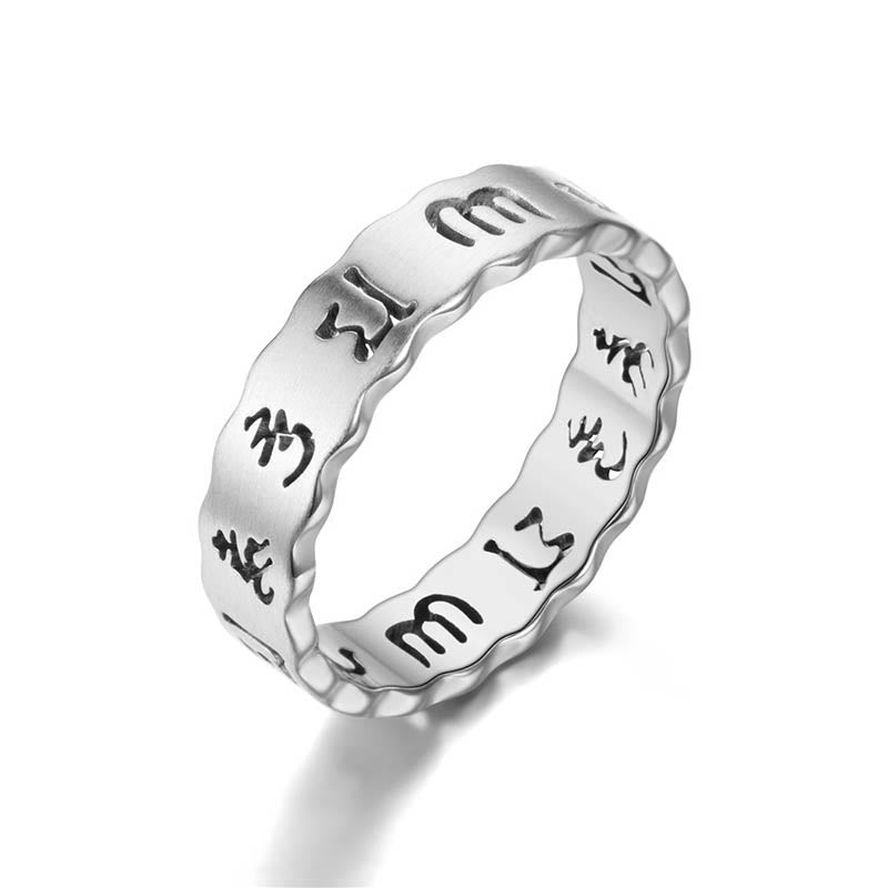 Anillo de equilibrio de acero y titanio con Om Mani Padme Hum hueco tibetano con Buddha Stones