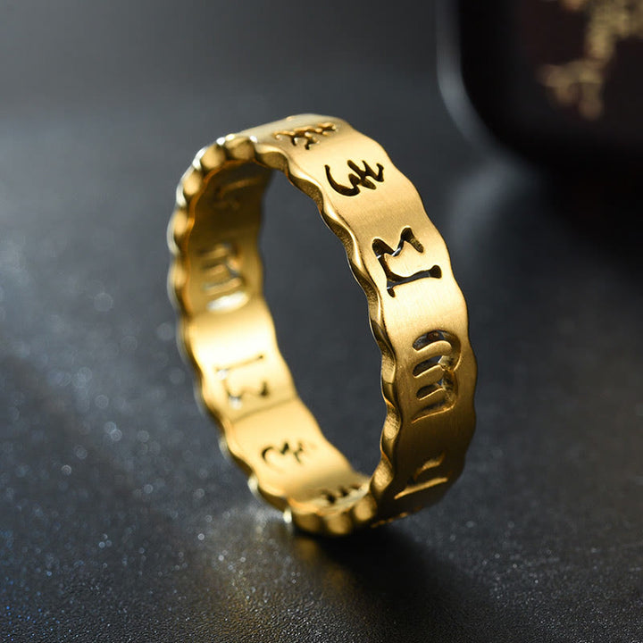 Anillo de equilibrio de acero y titanio con Om Mani Padme Hum hueco tibetano con Buddha Stones