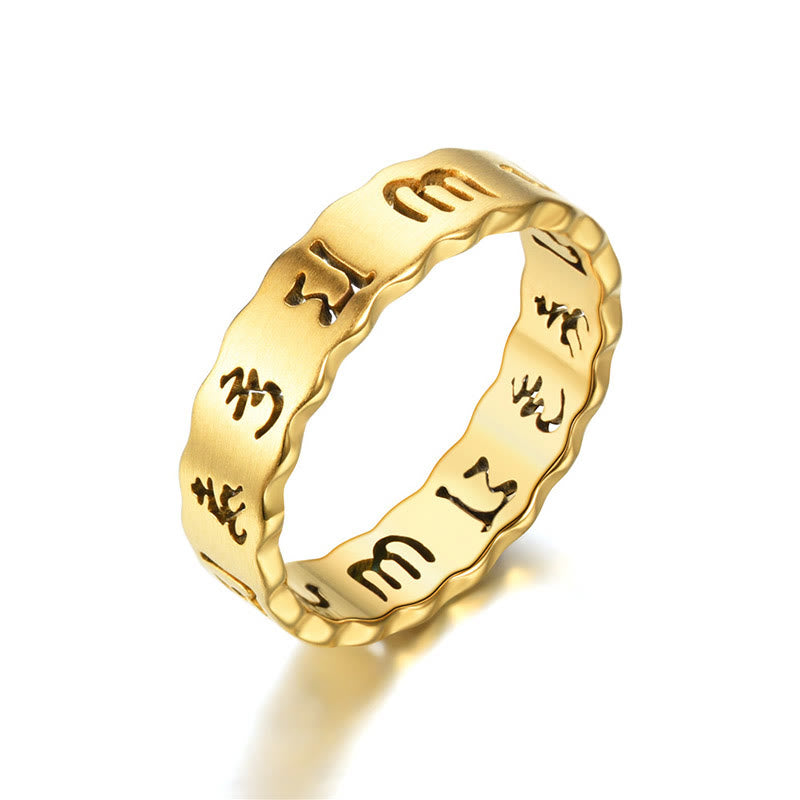 Anillo de equilibrio de acero y titanio con Om Mani Padme Hum hueco tibetano con Buddha Stones