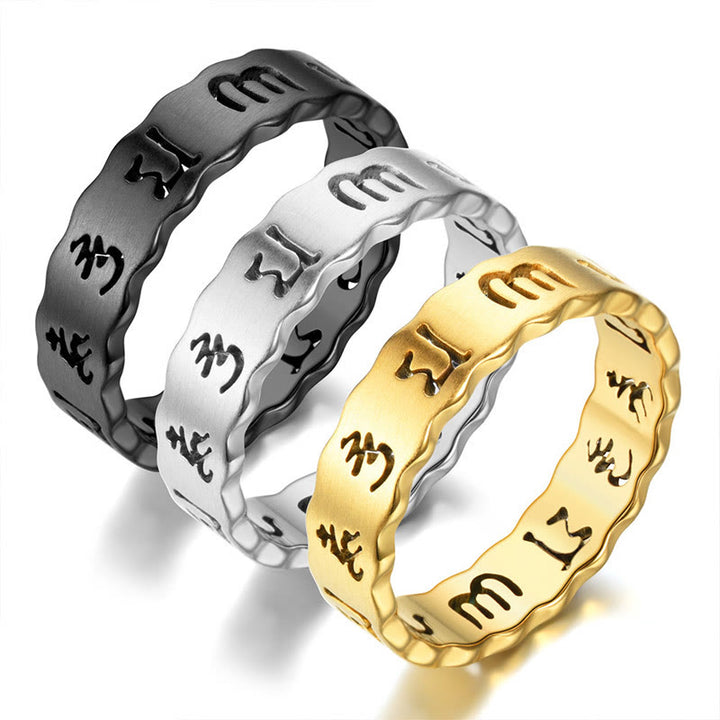 Anillo de equilibrio de acero y titanio con Om Mani Padme Hum hueco tibetano con Buddha Stones