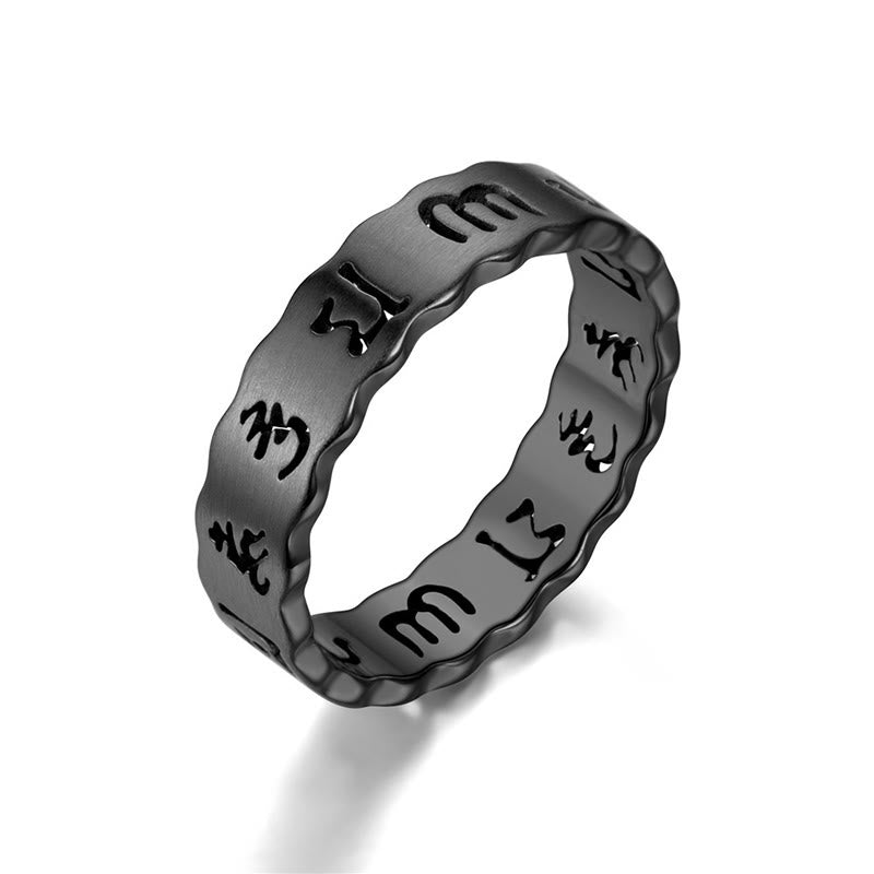 Anillo de equilibrio de acero y titanio con Om Mani Padme Hum hueco tibetano con Buddha Stones