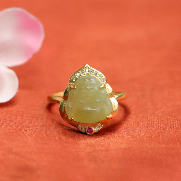 Anillo de la suerte abierto con forma de huevo de calabaza de jade Buddha Stones natural y Buda sonriente de cobre