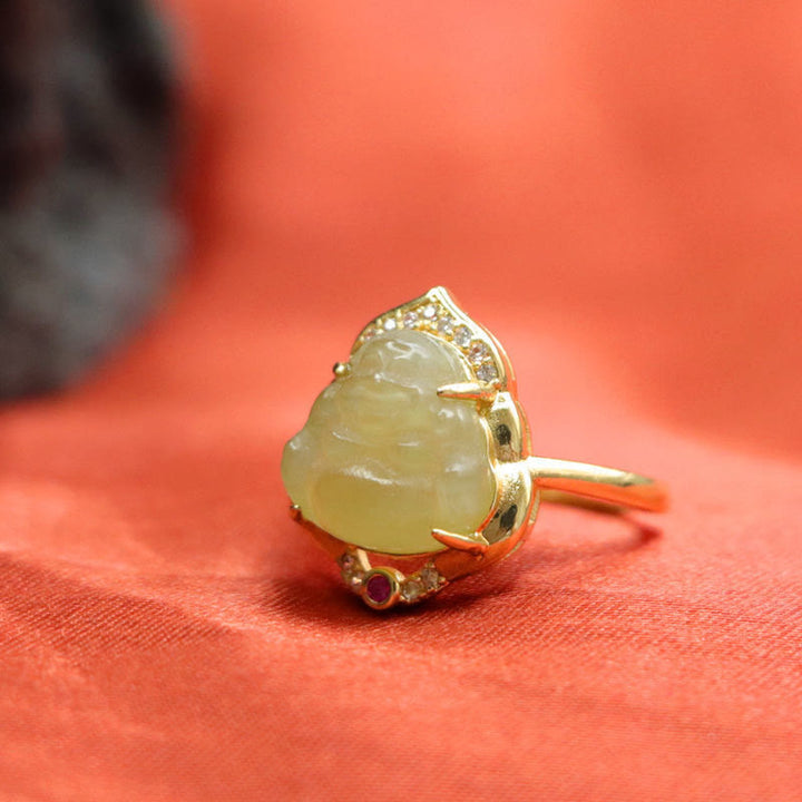 Anillo de la suerte abierto con forma de huevo de calabaza de jade Buddha Stones natural y Buda sonriente de cobre