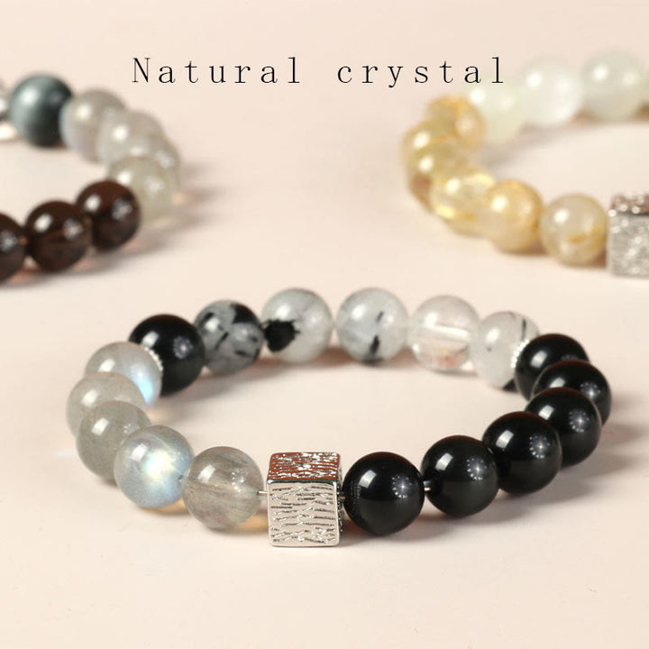 Pulsera de fuerza con cubo de piedra lunar y cuarzo rutilado negro y obsidiana negra de Buddha Stones