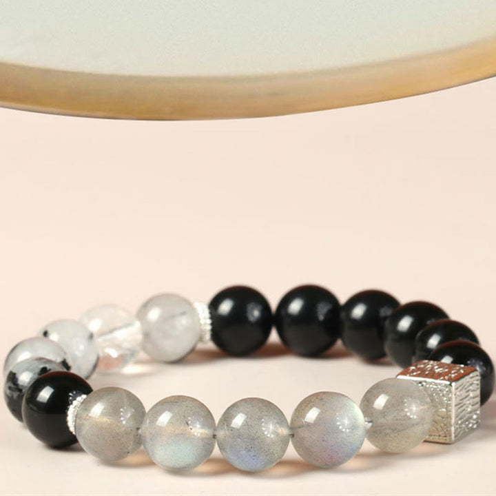Pulsera de fuerza con cubo de piedra lunar y cuarzo rutilado negro y obsidiana negra de Buddha Stones