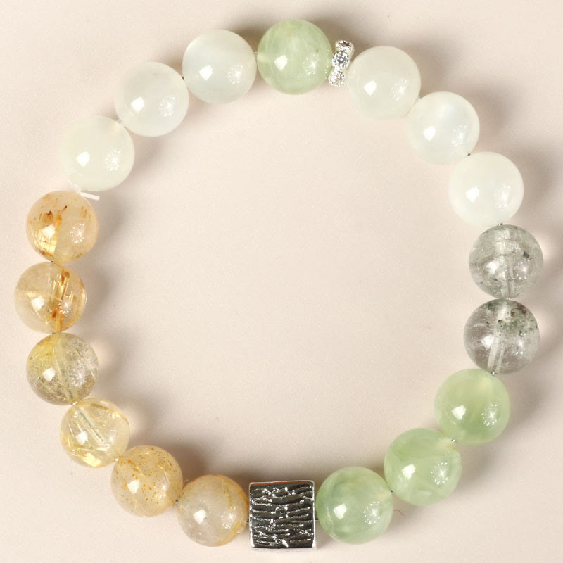 Pulsera de fuerza con cubo de piedra lunar y cuarzo rutilado negro y obsidiana negra de Buddha Stones