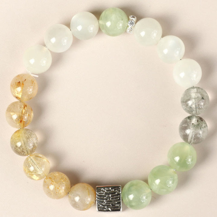 Pulsera de fuerza con cubo de piedra lunar y cuarzo rutilado negro y obsidiana negra de Buddha Stones
