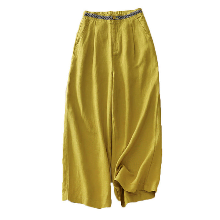 Pantalones de lino y algodón elásticos con bolsillos y botones en la parte delantera y trasera de color liso con Buddha Stones para mujer - image 16