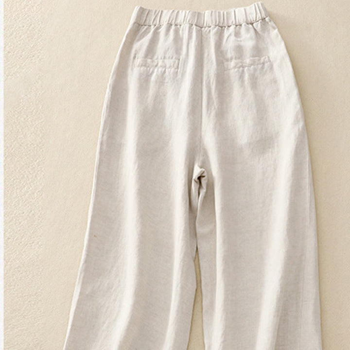 Pantalones de lino y algodón elásticos con bolsillos y botones en la parte delantera y trasera de color liso con Buddha Stones para mujer - image 3
