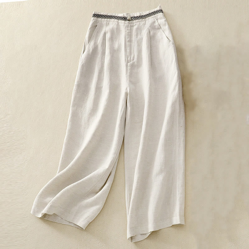 Pantalones de lino y algodón elásticos con bolsillos y botones en la parte delantera y trasera de color liso con Buddha Stones para mujer - Beige - US8-10，UK/AU12-14，EU40-42 (2XL) - image 0
