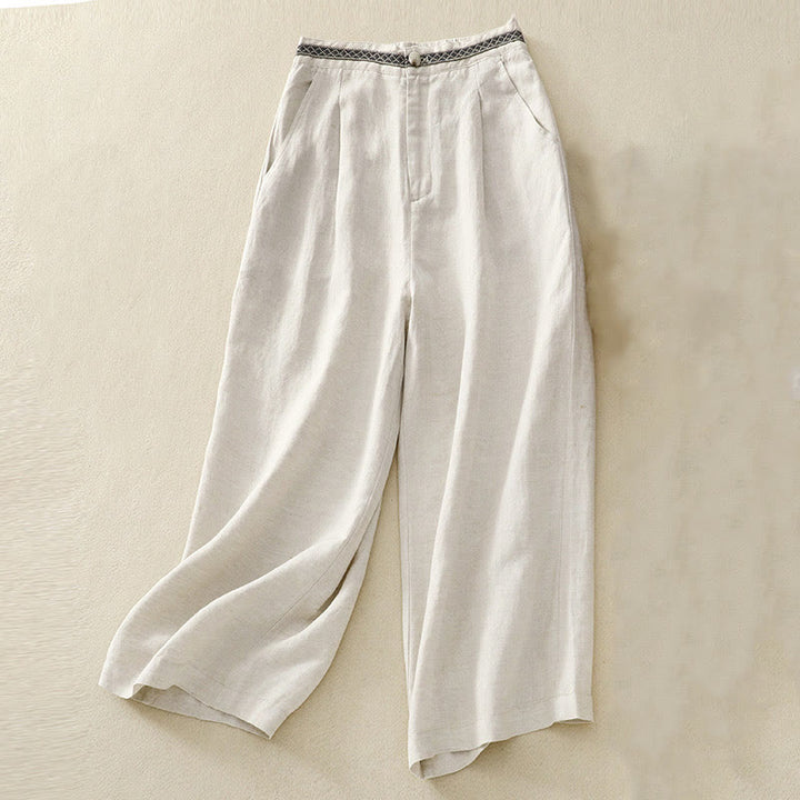 Pantalones de lino y algodón elásticos con bolsillos y botones en la parte delantera y trasera de color liso con Buddha Stones para mujer - Beige - US8-10，UK/AU12-14，EU40-42 (2XL) - image 0