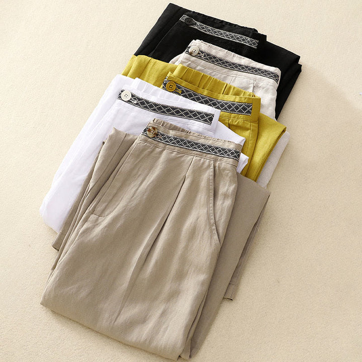 Pantalones de lino y algodón elásticos con bolsillos y botones en la parte delantera y trasera de color liso con Buddha Stones para mujer - image 1