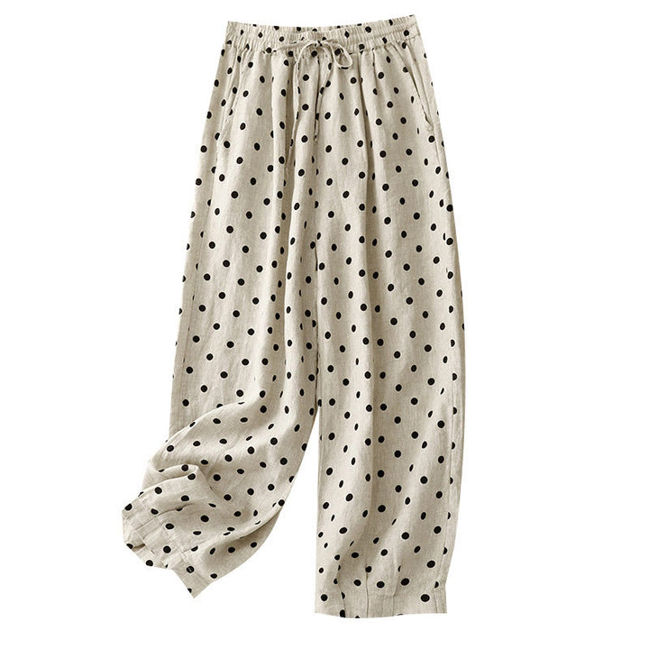 Pantalones de lino y algodón con cordón y lunares negros informales para mujer con bolsillos y Buddha Stones