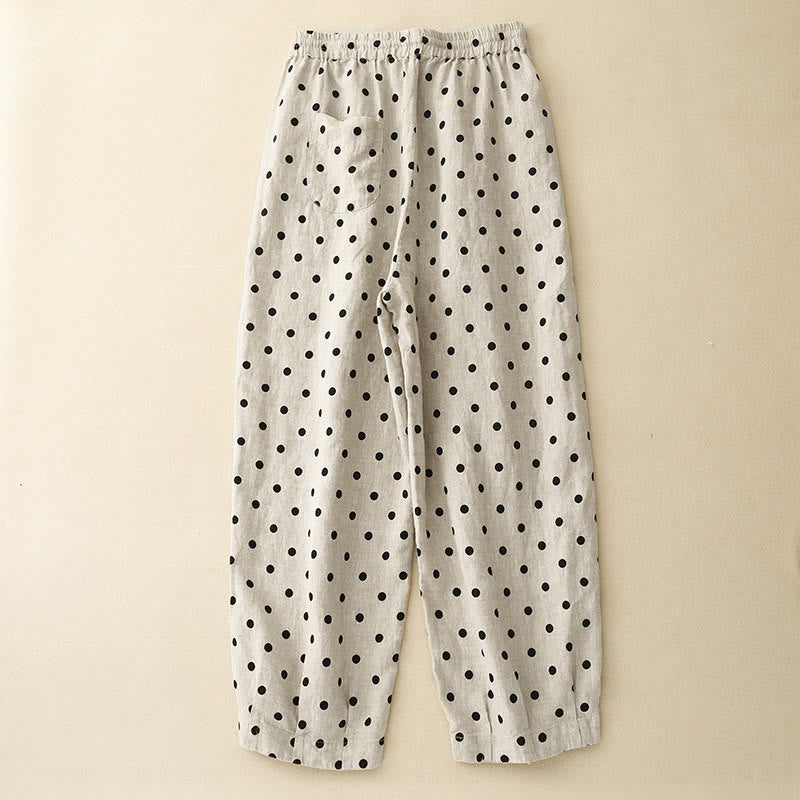 Pantalones de lino y algodón con cordón y lunares negros informales para mujer con bolsillos y Buddha Stones