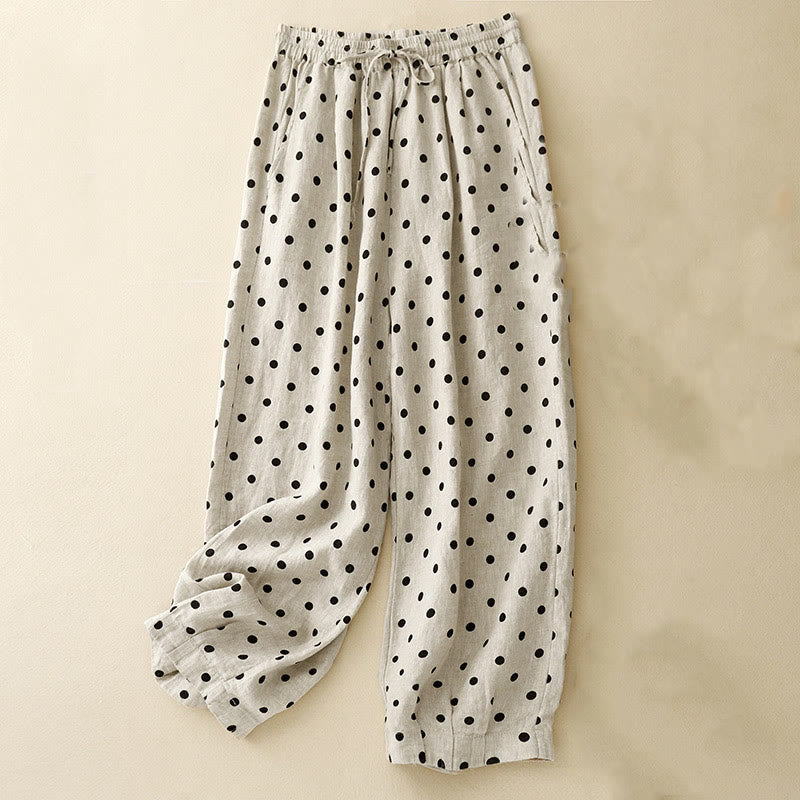 Pantalones de lino y algodón con cordón y lunares negros informales para mujer con bolsillos y Buddha Stones - Beige - US8-10，UK/AU12-14，EU40-42 (2XL) - image 0