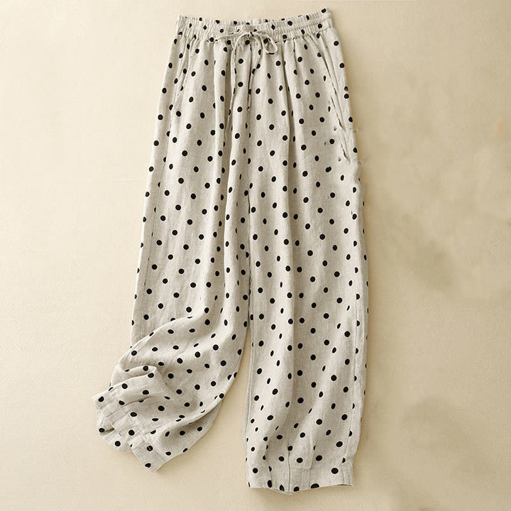 Pantalones de lino y algodón con cordón y lunares negros informales para mujer con bolsillos y Buddha Stones