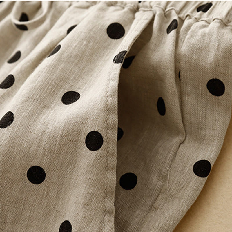 Pantalones de lino y algodón con cordón y lunares negros informales para mujer con bolsillos y Buddha Stones