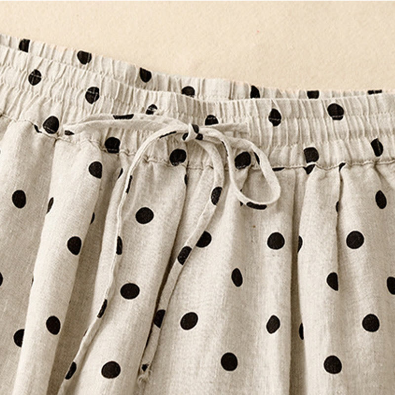 Pantalones de lino y algodón con cordón y lunares negros informales para mujer con bolsillos y Buddha Stones
